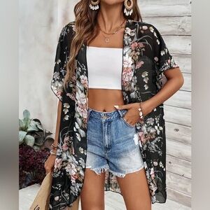 FLORAL Black Kimono Swim Cover Up Med Length with Sleeves Size Med